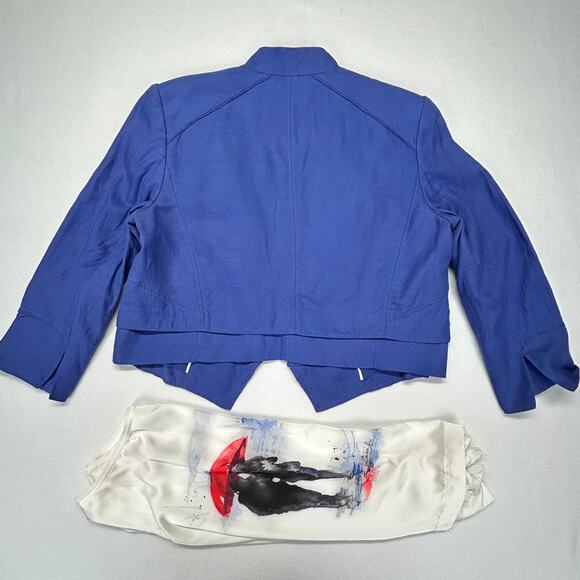 Lot of 2 WHBM TOP Artsy Paris White + BOLERO BLAZER Linen Blend Blue 3/4 Sleeve - Picture 15 of 16